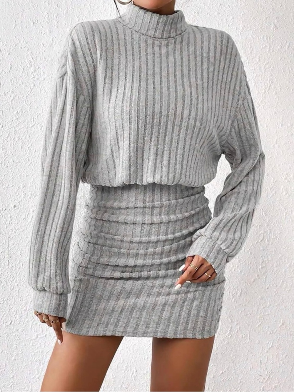 Ribbed Turtleneck Bodycon Sweater Dress - Gray